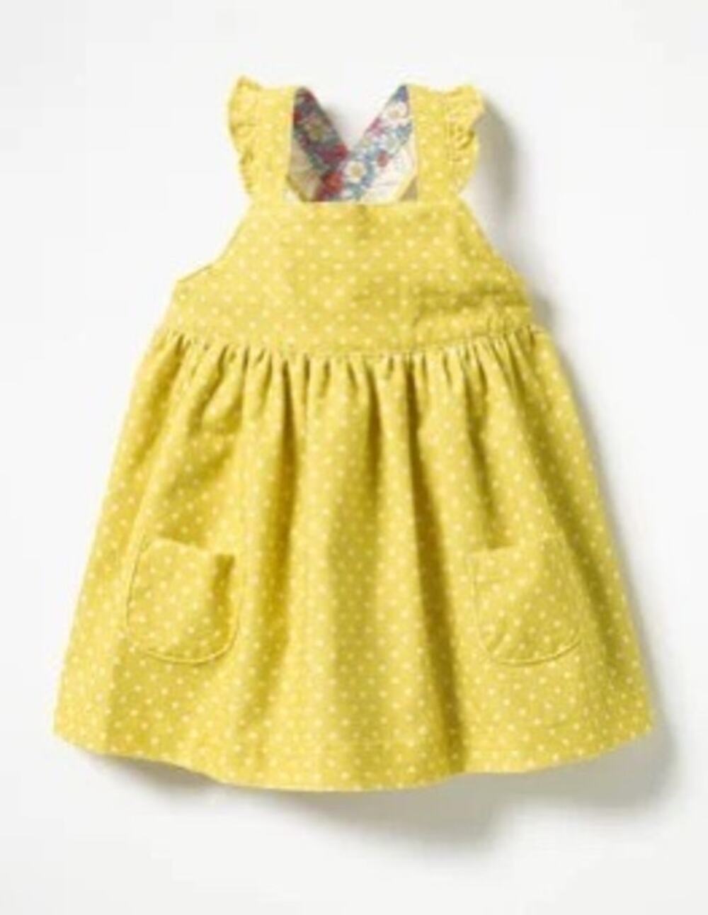 Baby Boden Ruffle Corduroy Pinafore Dress Yellow Polka Dot 6-12 month